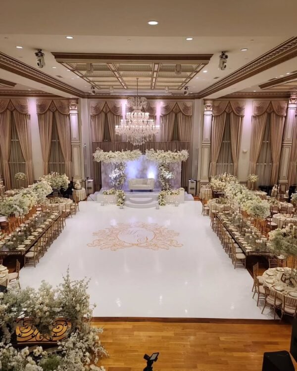 Custom Decal Dance Floor Wrap Gloss White Removable Vinyl with Printed Monogram Logo Design in The Center - Wedding Sticker Print Wrap