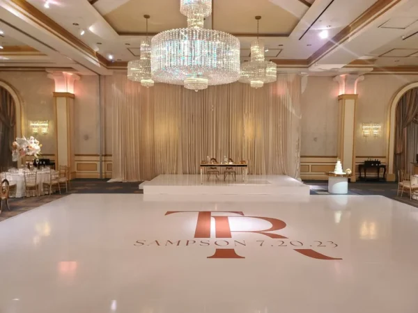 Custom Decal Dance Floor Wrap Gloss White Removable Vinyl with Printed Monogram Logo Design in The Center - Wedding Sticker Print Wrap - Image 5