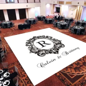 Custom Decal Dance Floor Wrap Gloss White Removable Vinyl with Printed Monogram Logo Design in The Center - Wedding Sticker Print Wrap